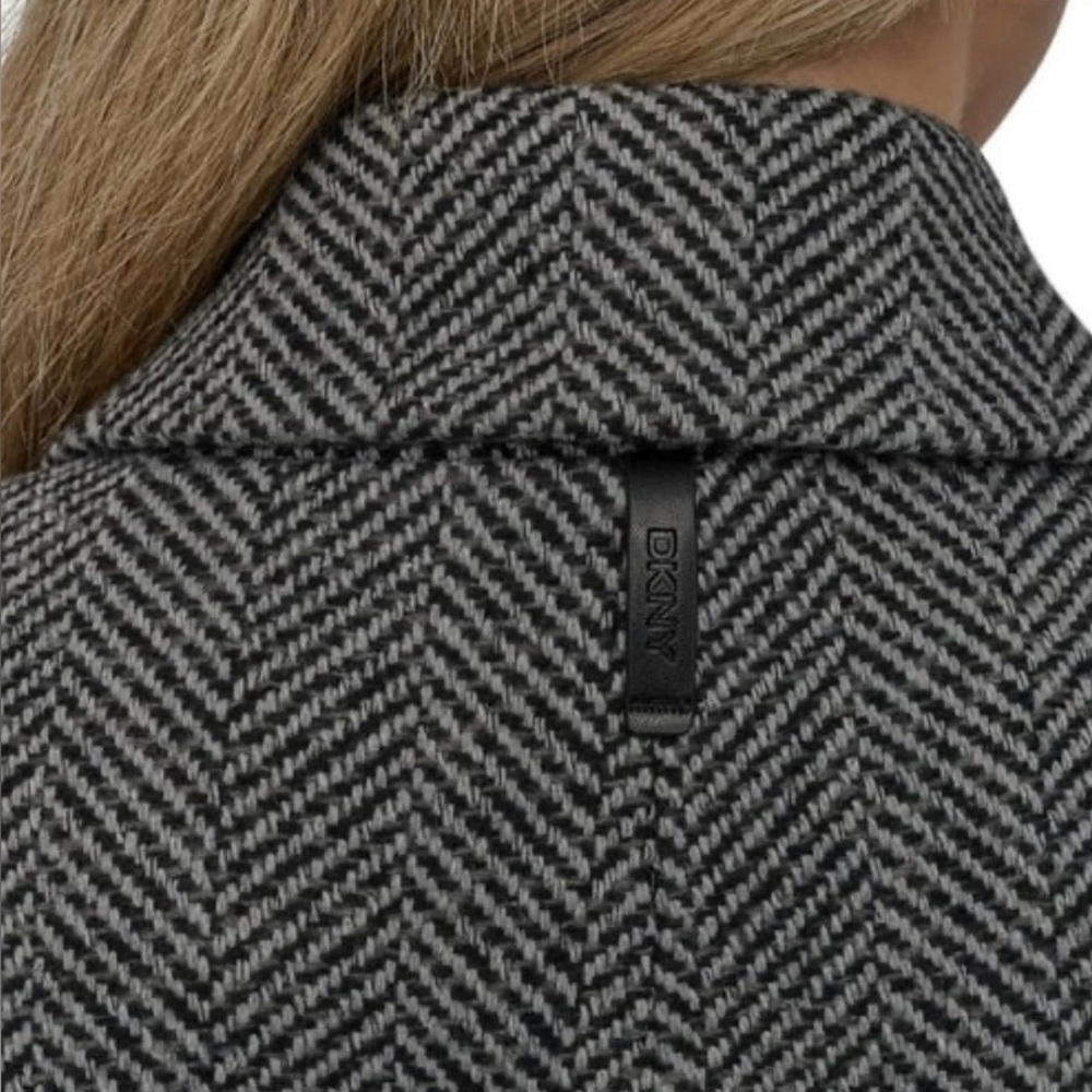 DKNY Women's Double Breasted Faux Wool Top Coat/Overcoat Grey/Black Herringbone - Picture 7 of 10
